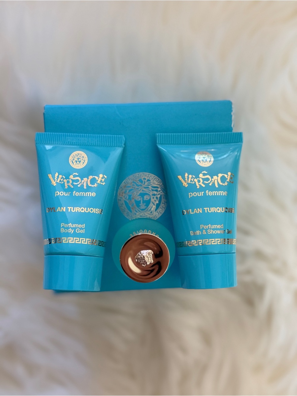 Versace Dylan Turquoise Travel Bath & Body Trio in Bright Blue with Gold Accents